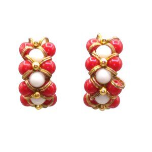 Vintage Cluster Hoop Earrings, Red and White Beads with Gold Tone Rings, Unique